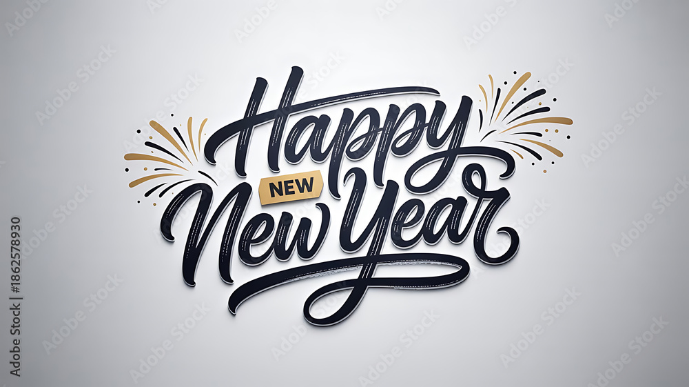 Fototapeta premium Happy New Year Text with Gold and Black Fireworks