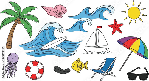 Beach vacation icons and symbols illustration