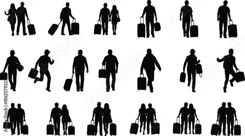 Collection of traveler silhouettes with luggage walking, couples and individuals, airport travel concept illustration isolated on white background