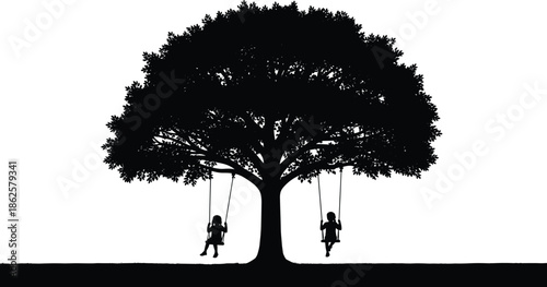Children silhouette swinging under large tree, childhood freedom, innocence and playtime concept isolated on white background illustration