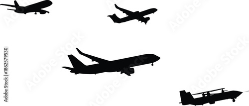 Various airplane silhouettes in flight, commercial and private aircraft collection, aviation transport concept, minimalist black vector illustration on white