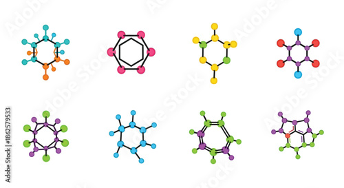 Colorful representations of molecular structures showcasing different chemical compositions