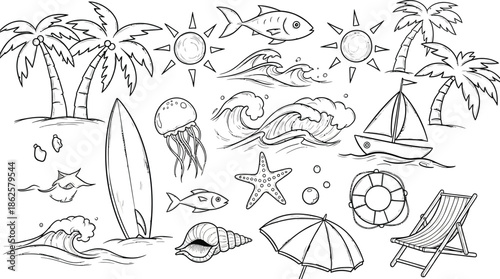 Beach vacation icons and symbols illustration
