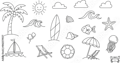 Beach vacation icons and symbols illustration