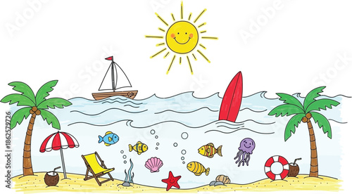 Beach vacation icons and symbols illustration