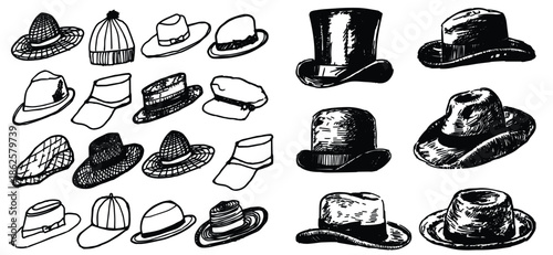 Summer Hats vintage collection for elegant men,woman, female and ladies. hand drawn warm cap, doodle headdress accessories vector isolated set.