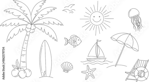 Beach vacation icons and symbols illustration