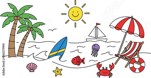 Beach vacation icons and symbols illustration