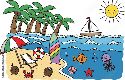 Beach vacation icons and symbols illustration