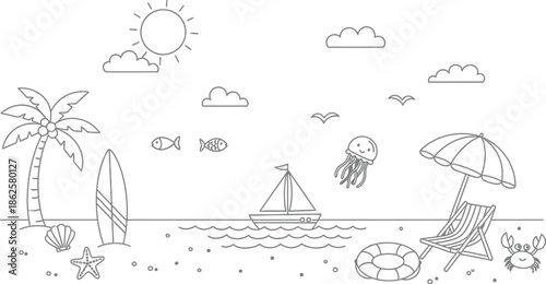 Beach vacation icons and symbols illustration