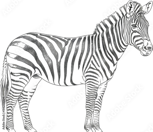 Detailed black and white pencil drawing of a standing zebra isolated on white background