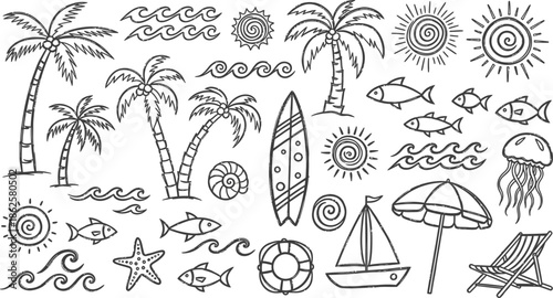 Beach vacation icons and symbols illustration