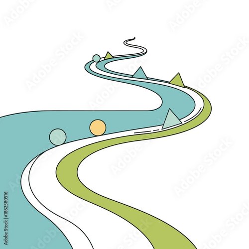 Abstract Winding Path with Geometric Shapes and Circles.