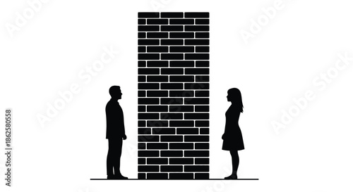 A silhouetted couple facing each other across a tall brick wall