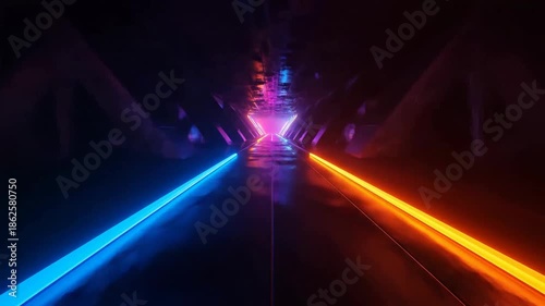 Abstract futuristic tunnel with symmetrical neon light trails and triangular structural supports.