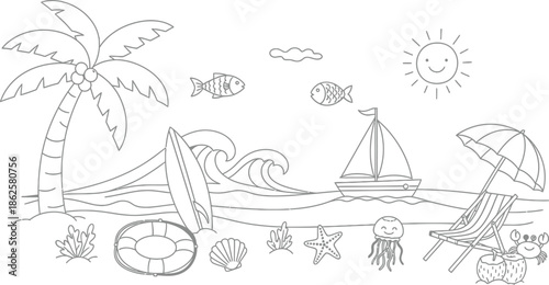 Beach vacation icons and symbols illustration