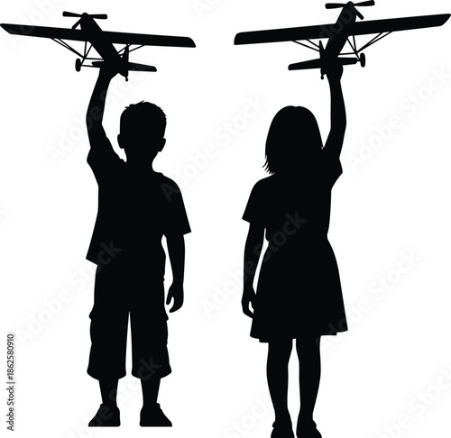 Silhouette of boy and girl holding toy airplanes overhead, symbolizing childhood dreams, imagination, aviation passion, freedom, future aspirations
