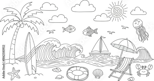 Beach vacation icons and symbols illustration