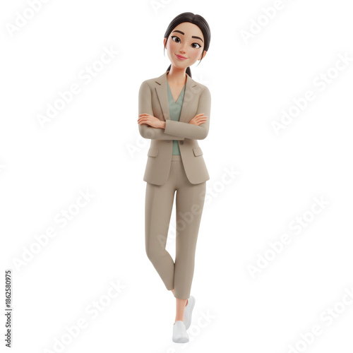 3d cartoon Asian Confident businesswoman isolated on transparent background