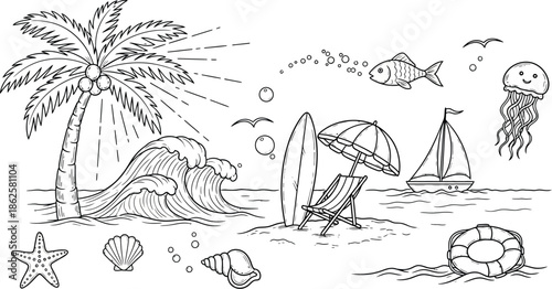 Beach vacation icons and symbols illustration