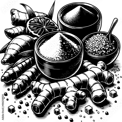 Spice Symphony: A monochromatic artistic arrangement of fresh ginger, turmeric, assorted spices, and a slice of lemon, evoking the flavors of wellness and natural health.