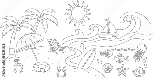 Beach vacation icons and symbols illustration