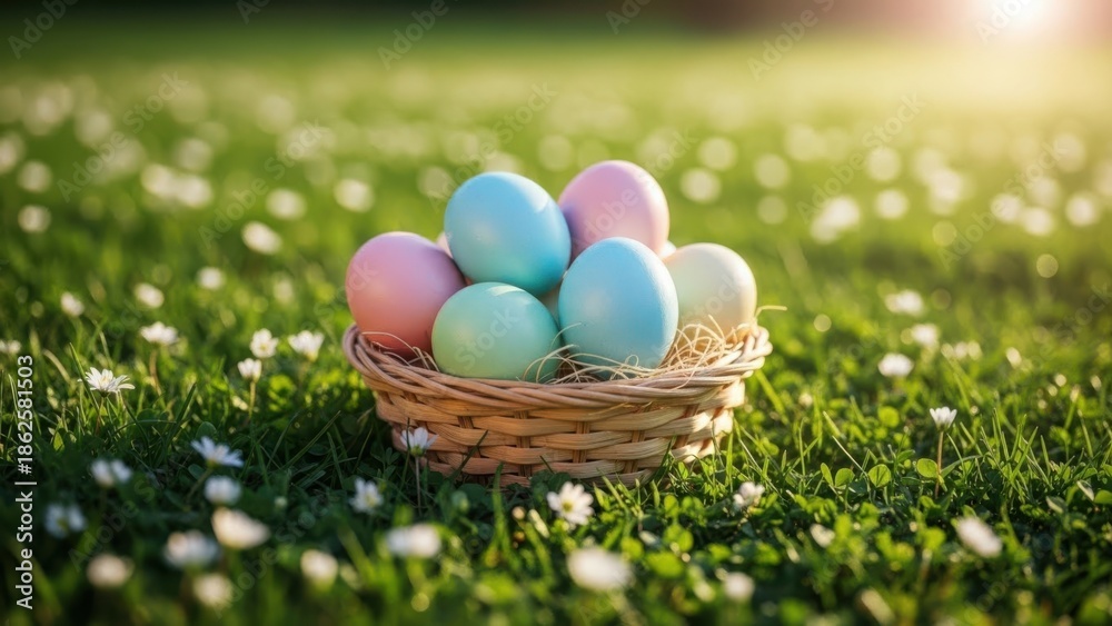 Fototapeta premium Easter eggs in a basket on a green grassy field with flowers at sunrise