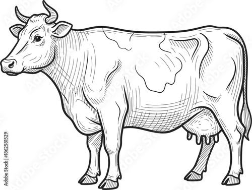 Detailed black and white sketch of a standing dairy cow with horns and udder