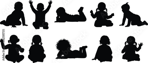 Baby silhouette collection showing different sitting, crawling and lying poses, infant development stages illustration set isolated on white background