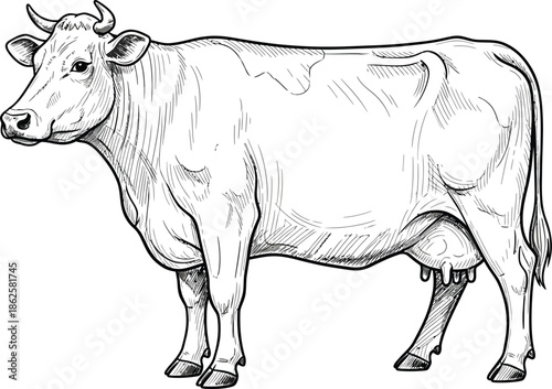 Detailed black and white sketch of a standing dairy cow with horns and udder