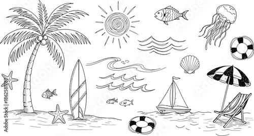 Beach vacation icons and symbols illustration