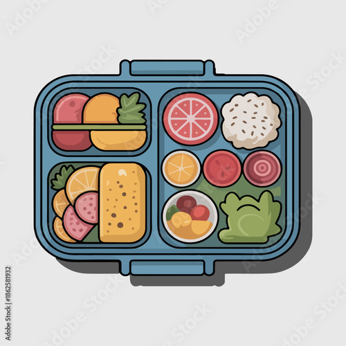 Healthy meal prep lunch box vector illustration with rice omelet and fruits in container isolated