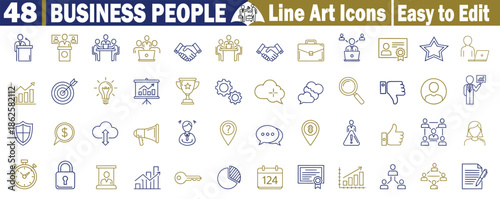 Comprehensive collection of 48 business people line art icons representing corporate structures and office workers Vector Illustration.