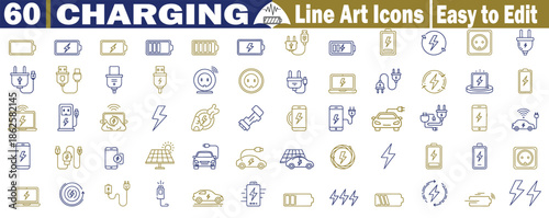 Large collection of 60 charging line art icons representing battery life power supply and electric vehicle stations Vector Illustration.