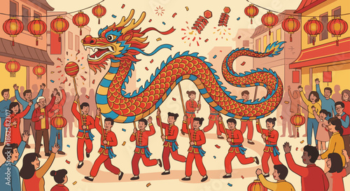 “Flat vector illustration of a Chinese New Year dragon dance parade, long red dragon held by multiple performers, rhythmic movement, crowd celebration, lantern-lined street, festive atmosphere