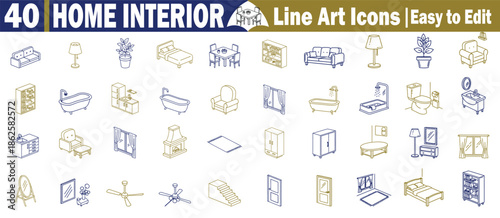 Home interior furniture line art icons for living room bedroom bathroom and kitchen decoration planning designs Vector Illustration.