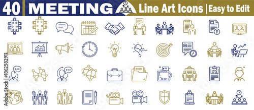 Meeting line art icons set for business collaboration teamwork corporate strategy and professional communication Vector Illustration.