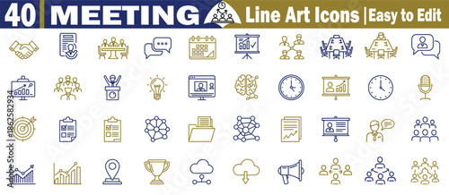Professional business meeting line icons for corporate presentation teamwork strategy and office communication Vector Illustration.