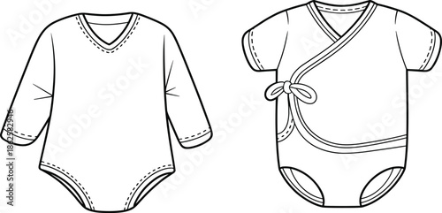 Baby bodysuit onesie vector illustration set featuring long sleeve and wrap style infant clothing outline design template flat apparel mockup