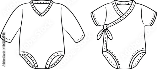 Baby bodysuit onesie vector illustration set with long sleeve and wrap style infant clothing outline design template flat apparel mockup