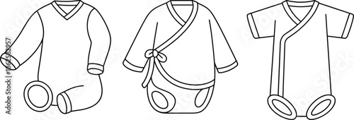 Baby bodysuit romper set vector illustration with wrap and long sleeve designs outline infant clothing template flat apparel collection mockup