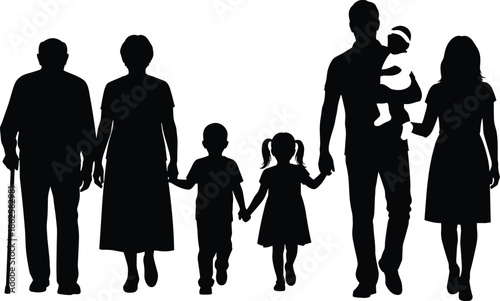 Black silhouette of a multi-generational family walking together including grandparents parents and children isolated on a white background vector.