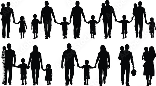 Black silhouette set of diverse multi-generational family groups walking together including parents children and grandparents isolated on a white background.