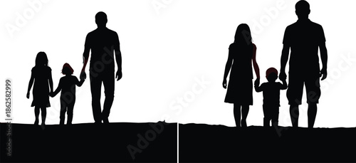 Family silhouette illustration parents and children walking together isolated black vector people lifestyle love concept minimal background design modern flat