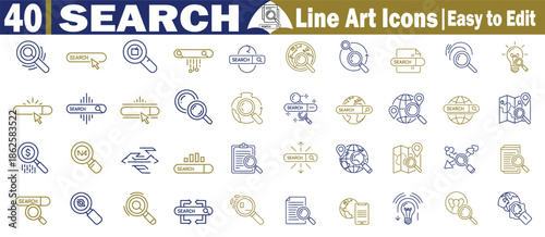 Magnifying glass search line art icons pack for web design marketing analytics and digital information management Vector Illustration.