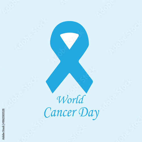 Blue ribbon vector on light blue background with stylized text for World Cancer Day awareness and support