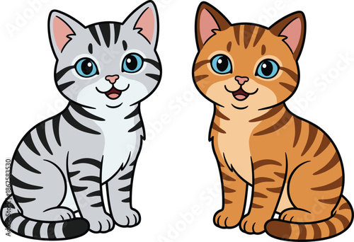 cute,cartoon,cats,kitten,pair,gray,orange,striped,smiling,animal,characters,adorable,pet,feline,vector,illustration,kawaii,children,design,mascot