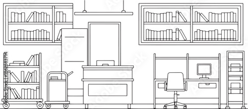 A meticulously drawn line art of a library interior, depicting bookshelves, desks, and other relevant furnishings.