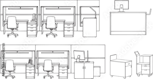 Detailed plan view of modern office cubicles, showcasing workstations and furniture arrangements in an elegant and functional workspace.