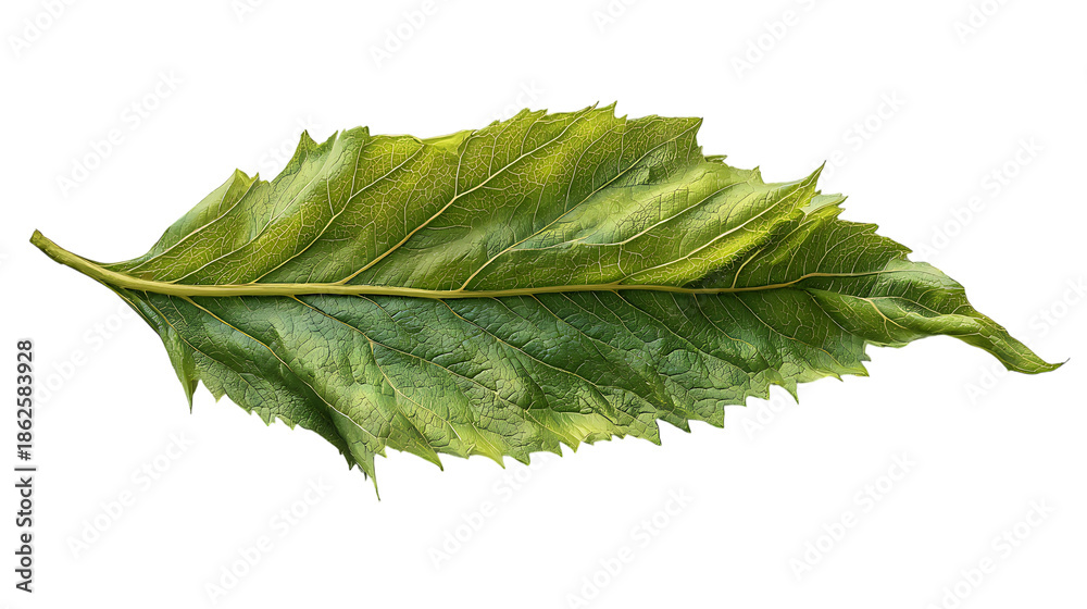 Fototapeta premium Detailed single green leaf with veins on transparent background, vibrant and healthy texture